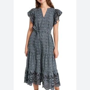 Rails Navy Printed Midi Dress with Lace Hem and flutter sleeves